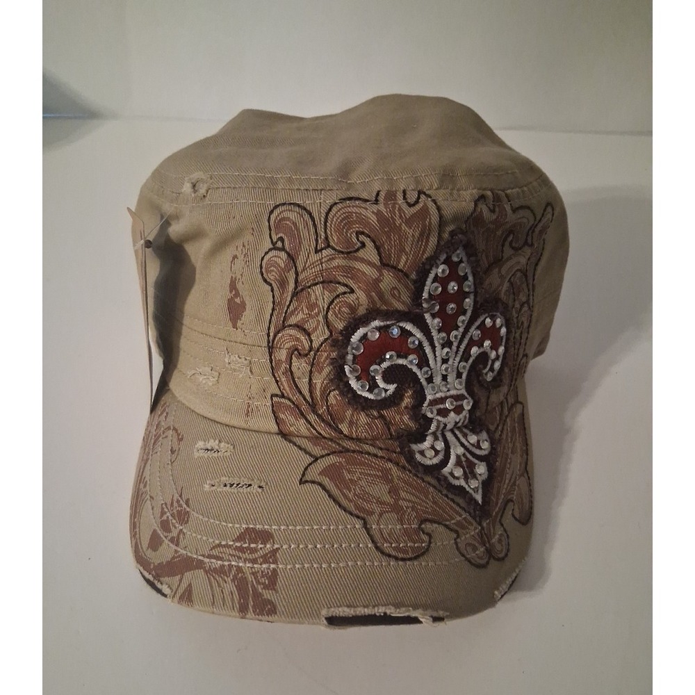 Leader Cap Distressed Crystal Studded Fleur De Lis Graphic Women's One Size New